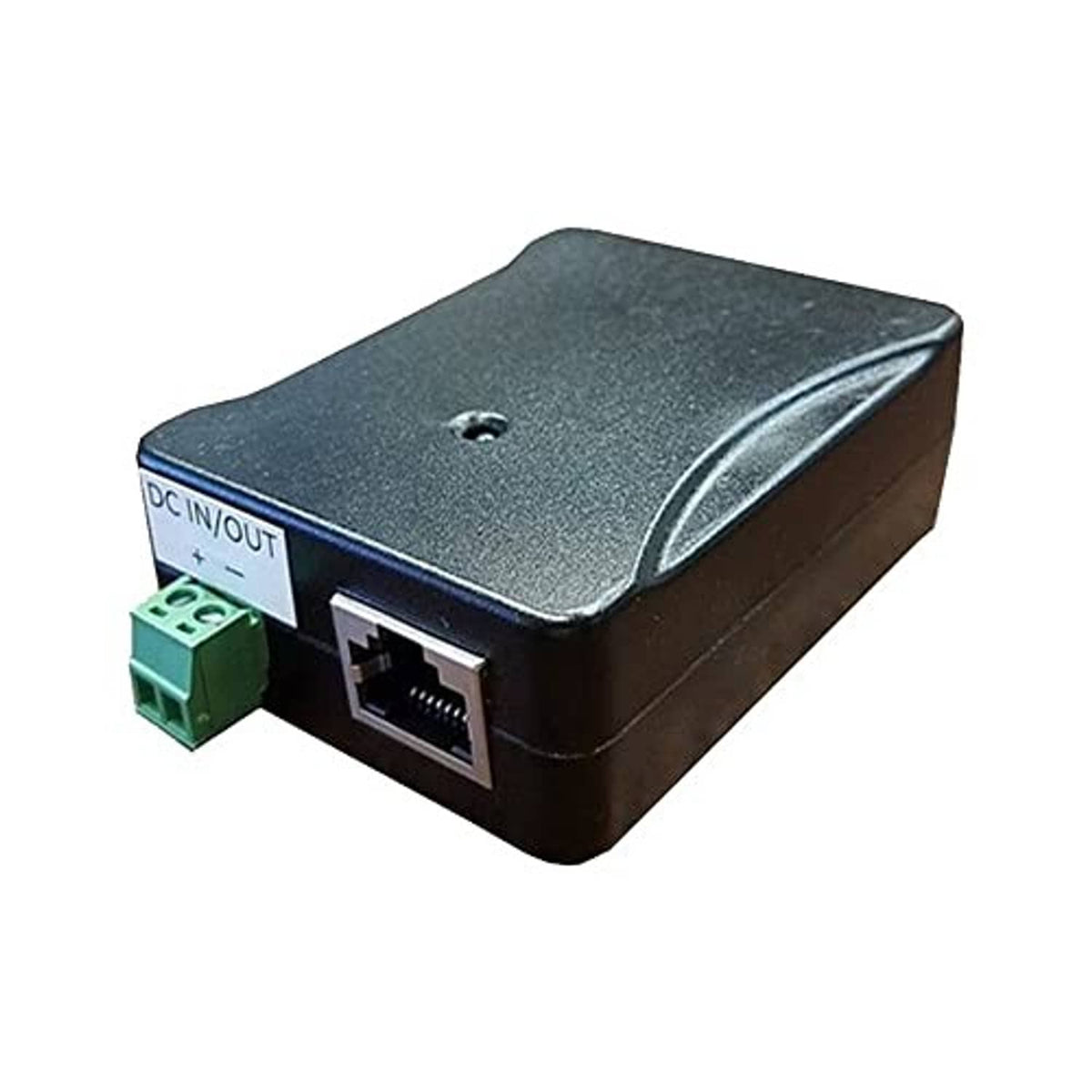 High PoE injector splitter with RJ45 ports and green terminal, dark blue enclosure