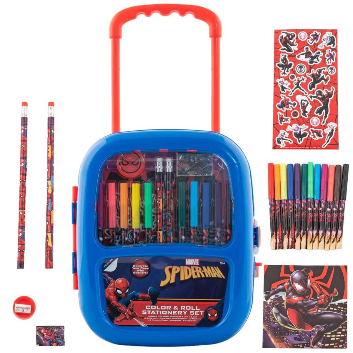 Spider-Man art set with markers and pencils in blue rolling carrying case