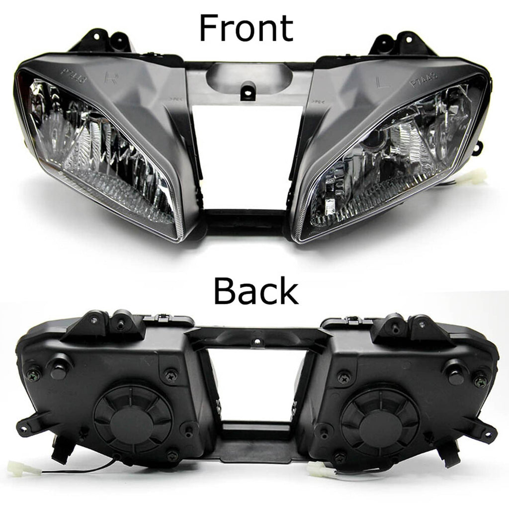 Front and back view of twin headlight housings with upper fairing stay bracket set