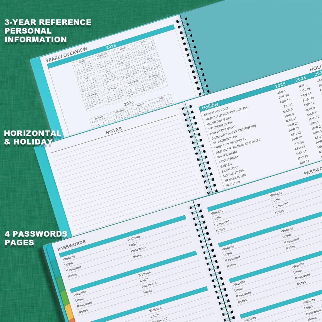 2025-2026 planner pages with reference sections for 3-year info, notes, and passwords