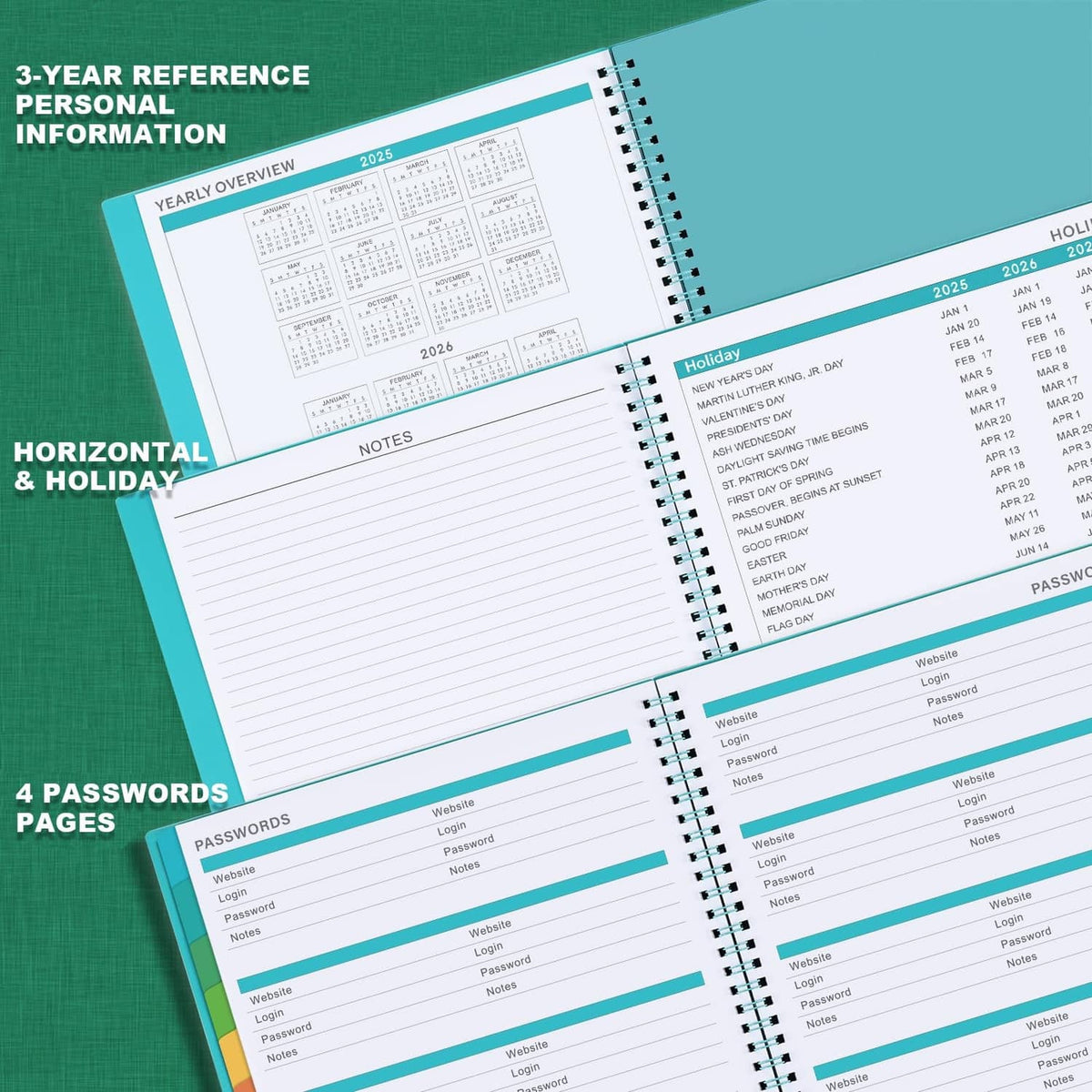 2025-2026 planner pages with reference sections for 3-year info, notes, and passwords