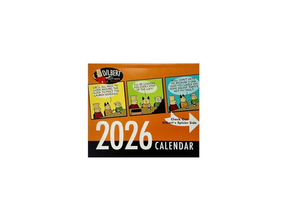 Dilbert desk calendar 2026 edition front view with “2026” and small cartoon strips