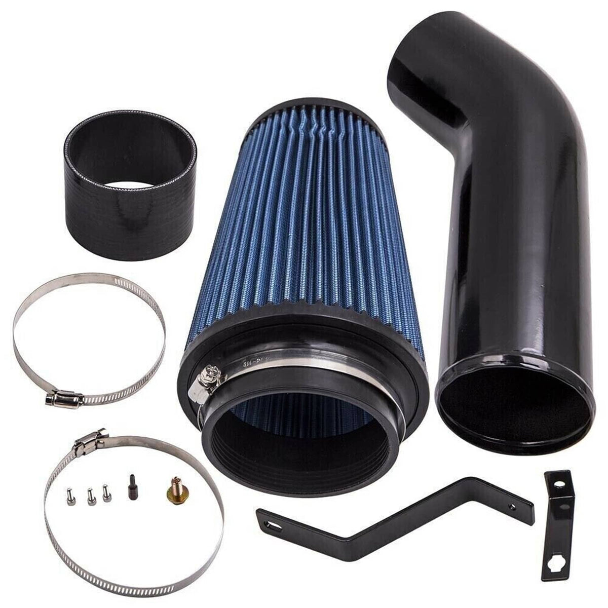 Blue pleated air filter with black intake tube, clamps, brackets, and installation hardware set