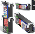 Universal game disc storage tower stand with controller holders and black case slots
