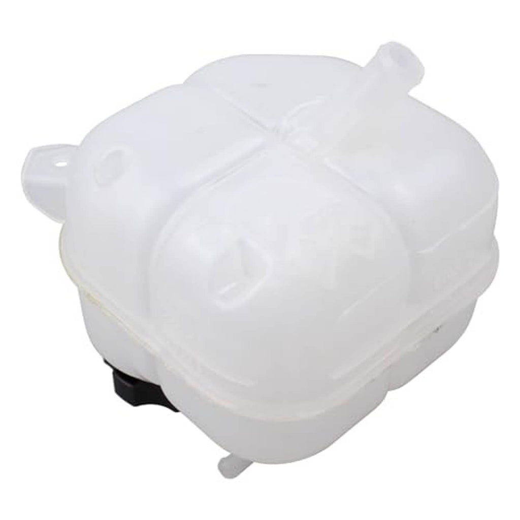 White coolant reservoir tank bottle with black cap, top cover and outlet tubes