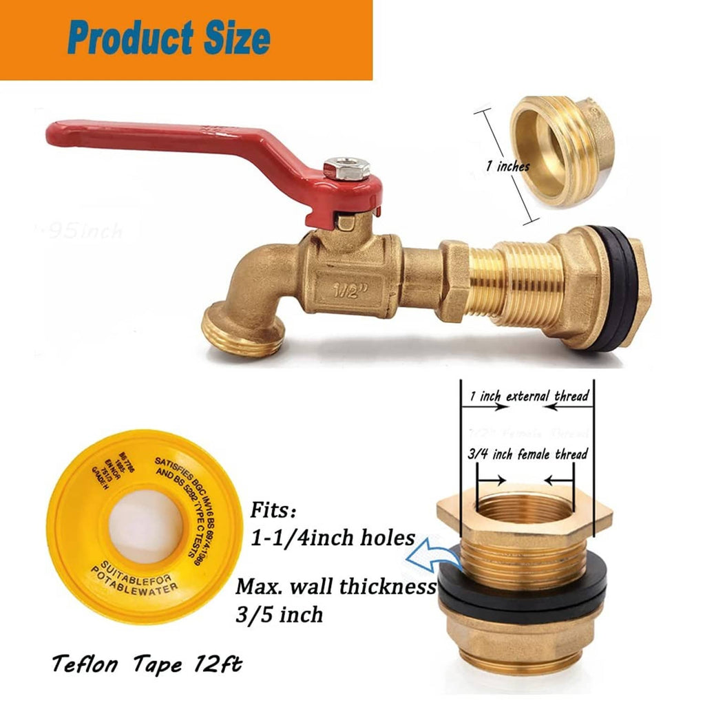 Brass rain barrel spigot with red lever and black gasket, showing threads and coupling