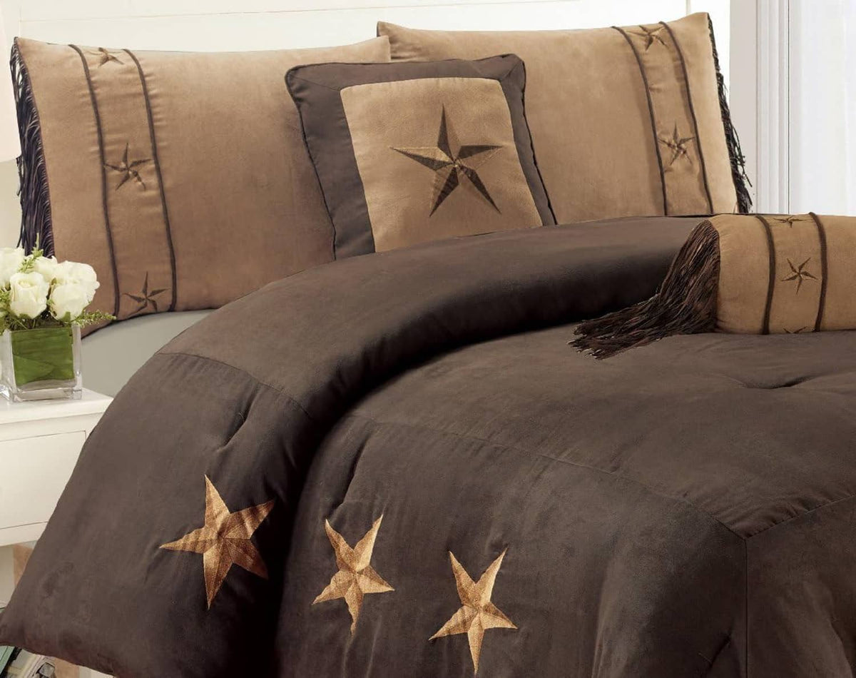 Dark brown comforter with gold star embroidery and tan pillows featuring stitched star accents