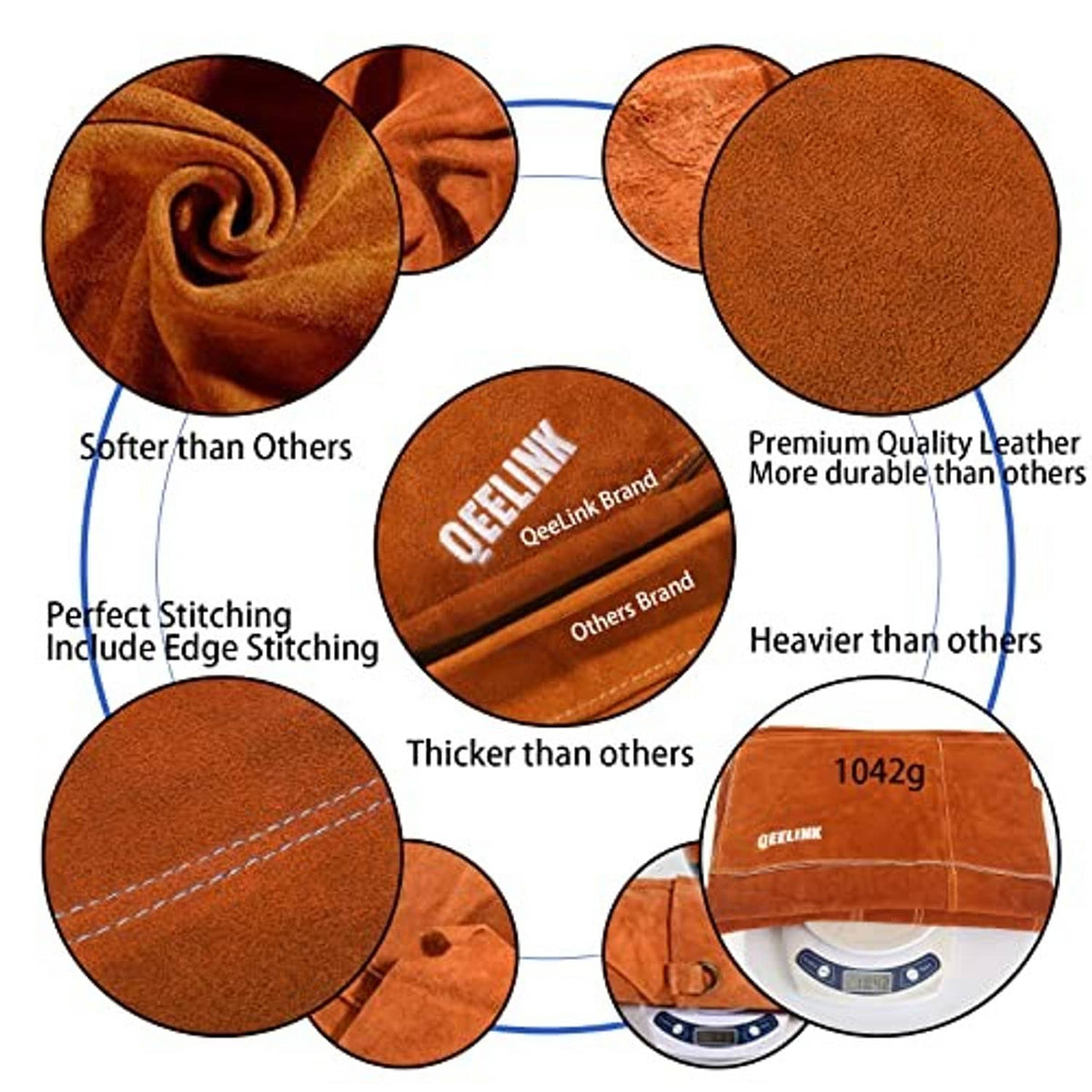 Brown leather apron material with visible stitching and durable suede-like texture
