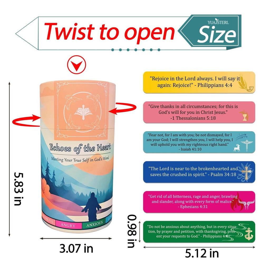 Bible verse jar with twist-to-open lid, scripture theme cards, and size measurements