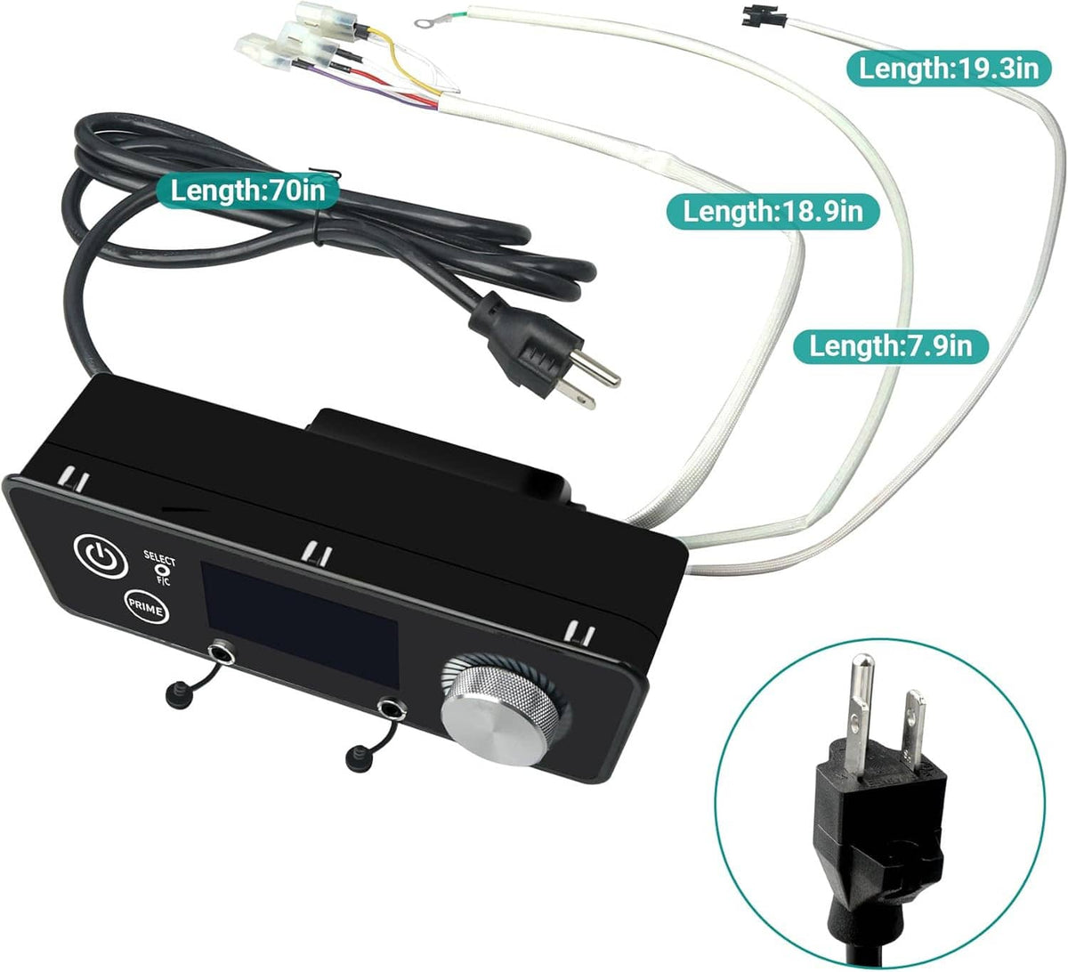 PID controller module with power cord and sensor cables, shown with length markings