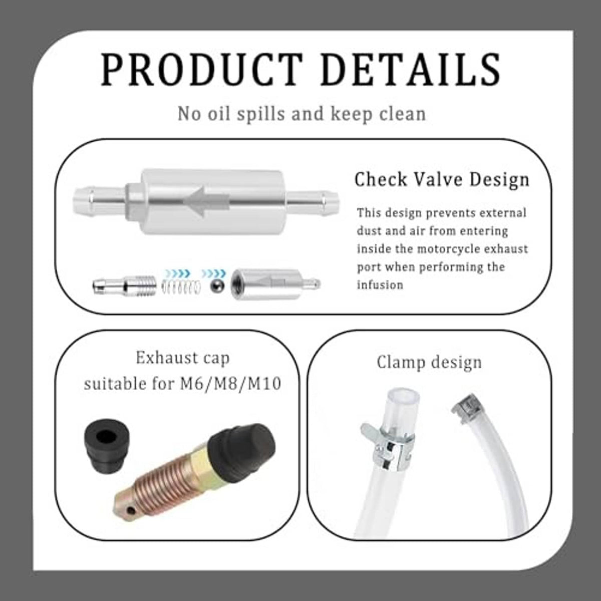 Brake bleeder check-valve fitting with clamp and hose connection parts for clean operation