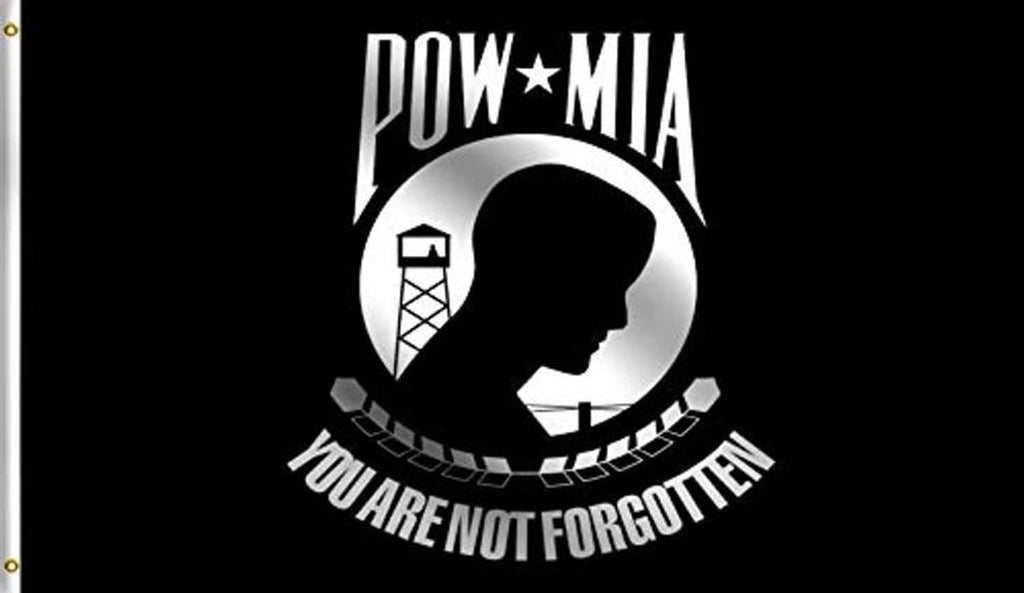 Black POW-MIA memorial flag with white POW-MIA emblem and “YOU ARE NOT FORGOTTEN”