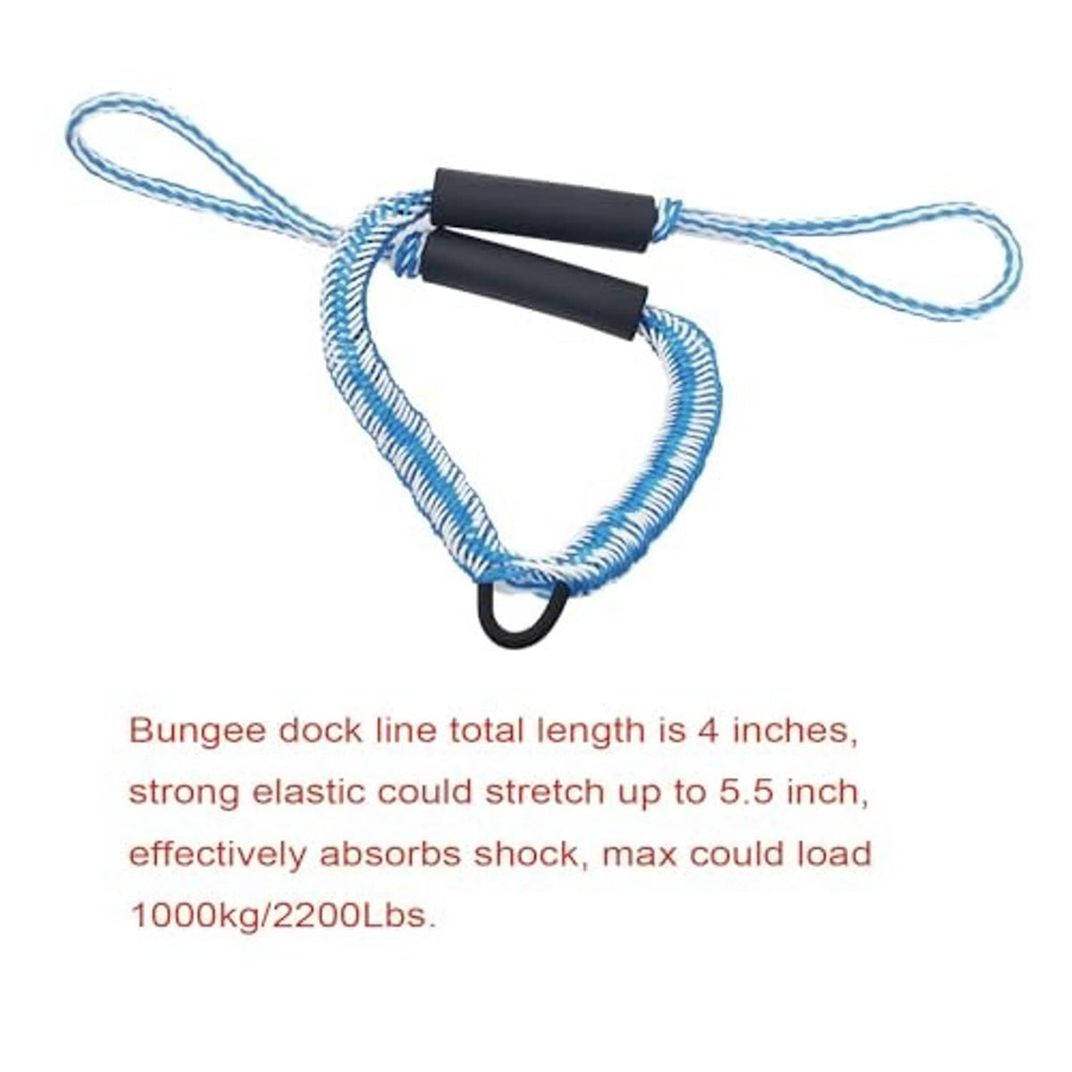 Blue bungee dock line with black grip sleeves and looped rope for anchoring