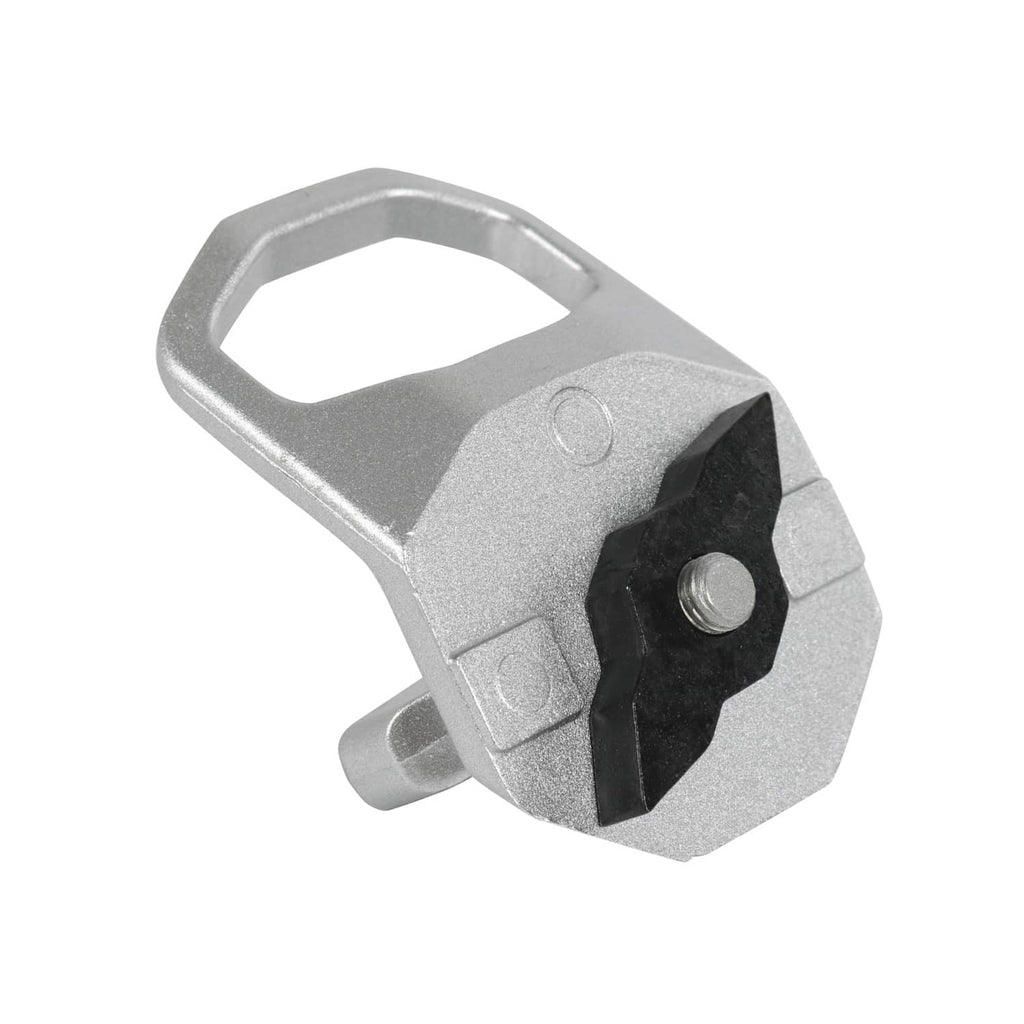 Silver D-ring anchor with black security plate and mounting screw stud