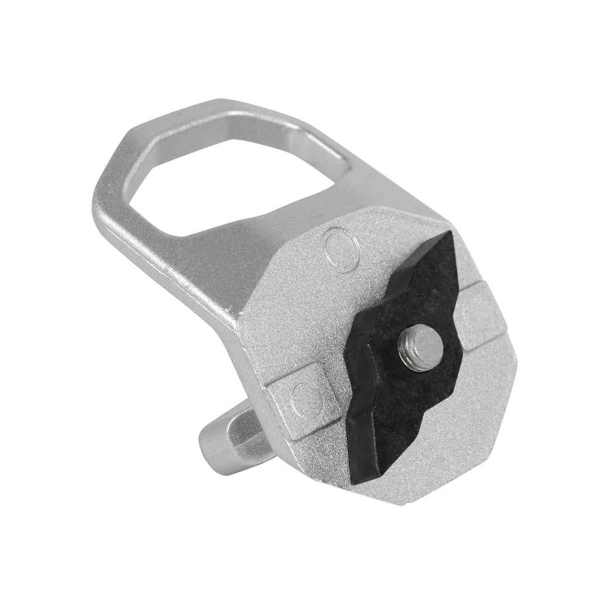 Silver D-ring anchor with black security plate and mounting screw stud