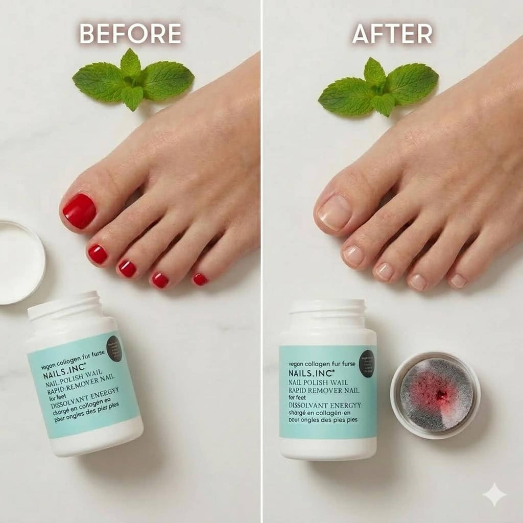 Before-and-after nails with nail polish remover pot shown beside hands
