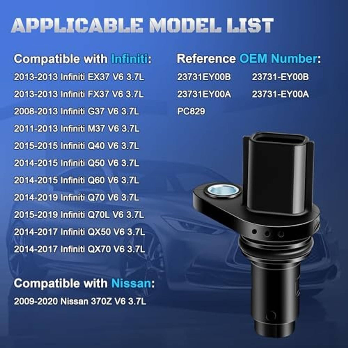 Camshaft position sensor with mounting base and extended black electrical connector