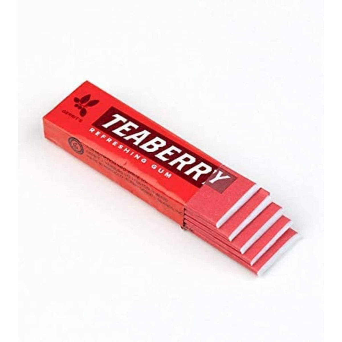 Teaberry refreshing gum stick pack, red carton showing five sticks