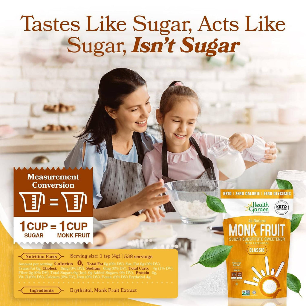 Monk Fruit sugar substitute sweetener bag in kitchen setting with measuring cup and cookies