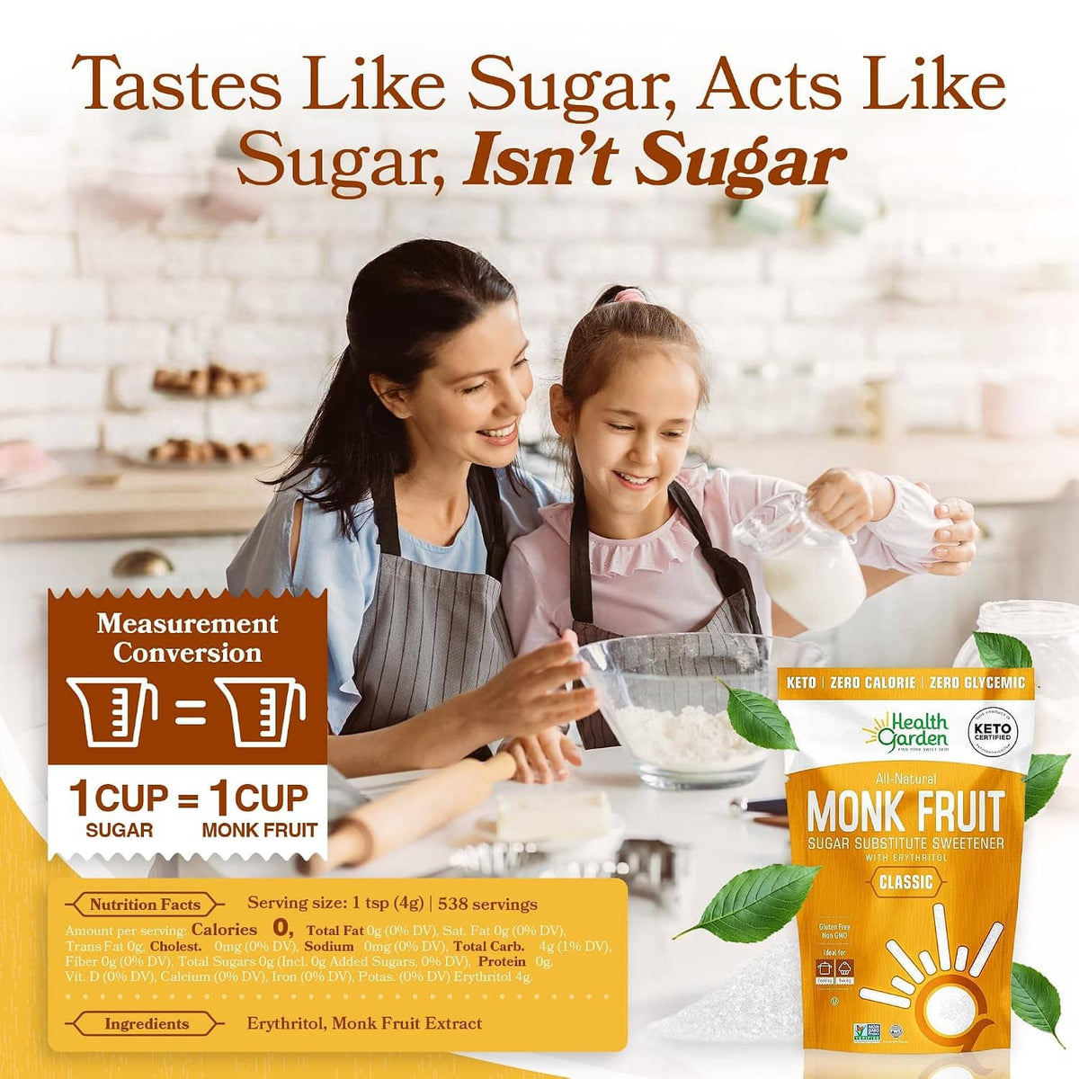 Monk Fruit sugar substitute sweetener bag in kitchen setting with measuring cup and cookies