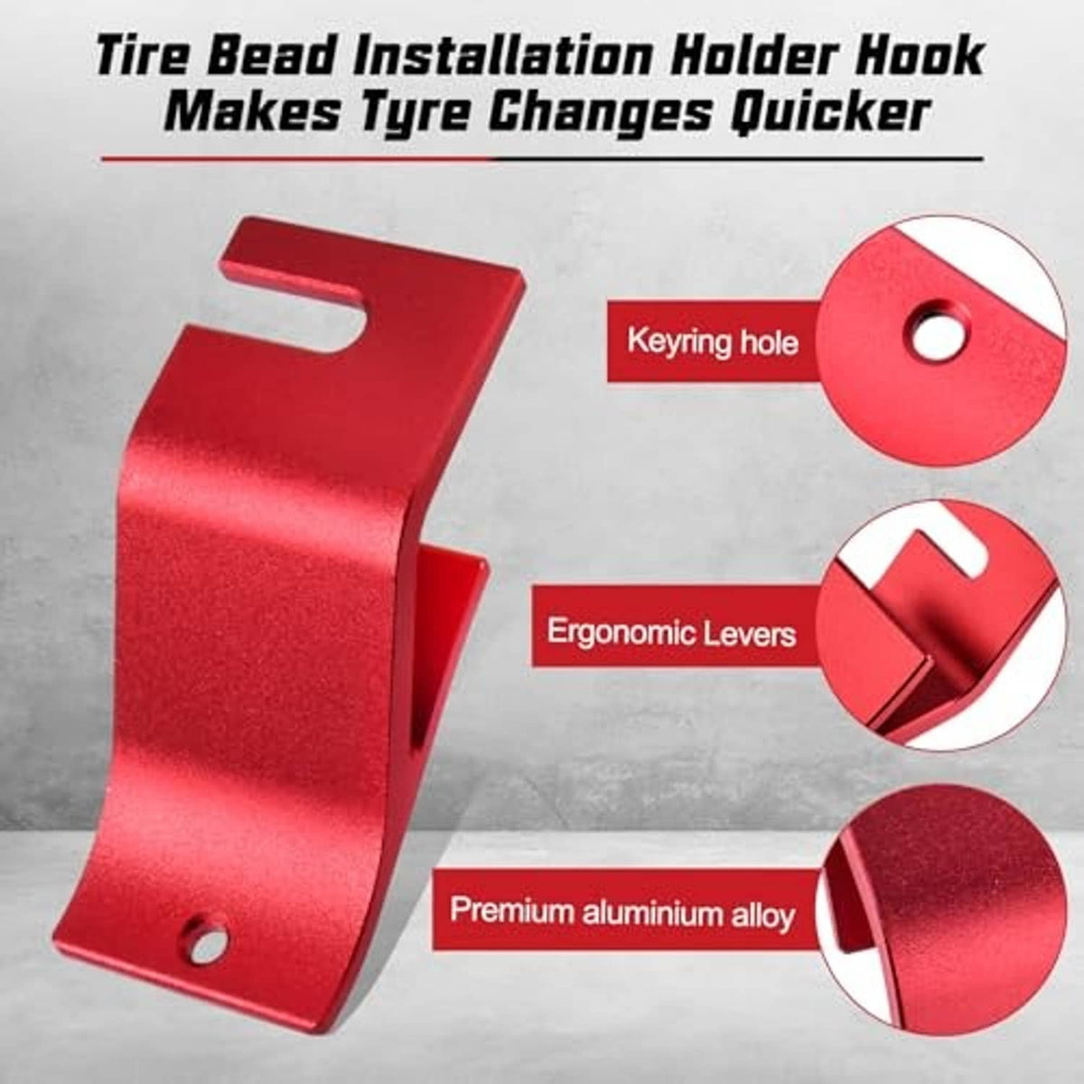 Red tire bead installation holder hook with keyring hole and ergonomic lever profile