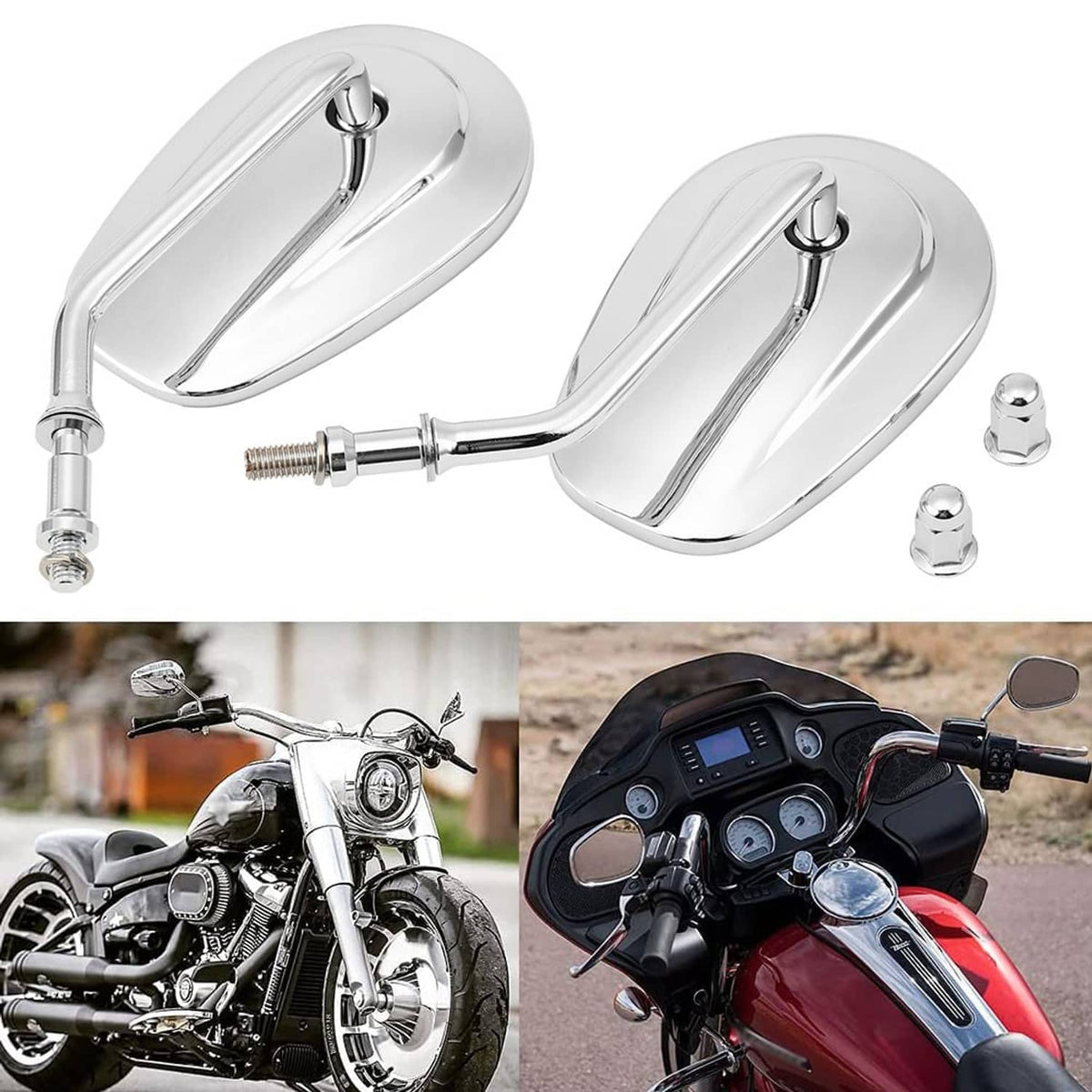 Chrome teardrop rearview side mirror set with mounting clamps and stems