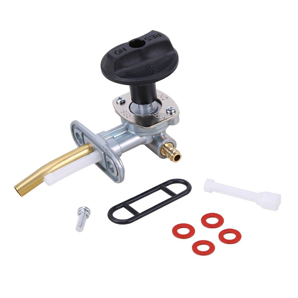 Fuel shut-off petcock assembly with black fuel knob, red seals, U-shaped gasket