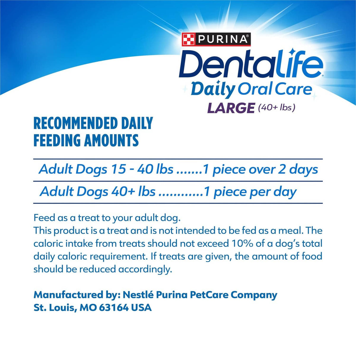 Purina DentaLife large dog dental chews recommended feeding amounts panel