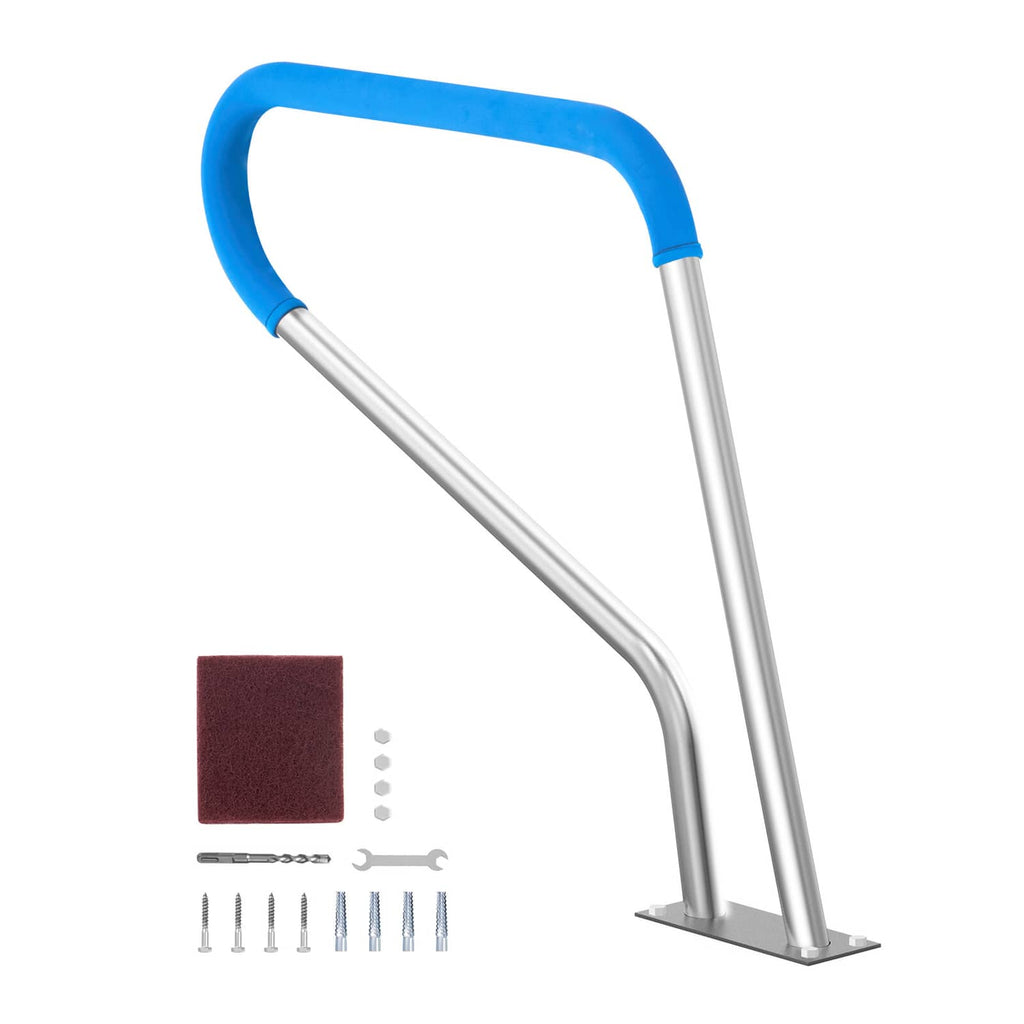 Pool handrail with blue padded grip and stainless steel base plate