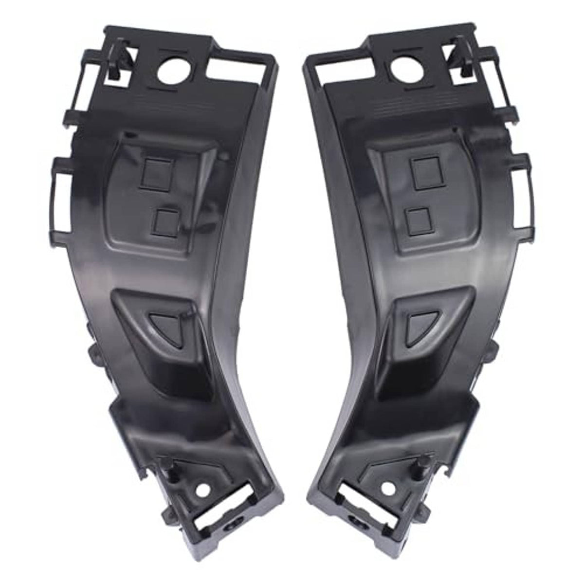 Pair of dark gray bumper cover support rails with slots, tabs, and circular mounting holes