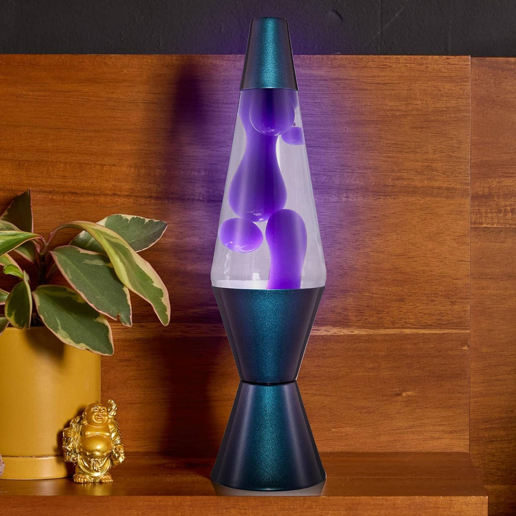 Purple lava liquid motion lamp with black glitter base and clear glass globe