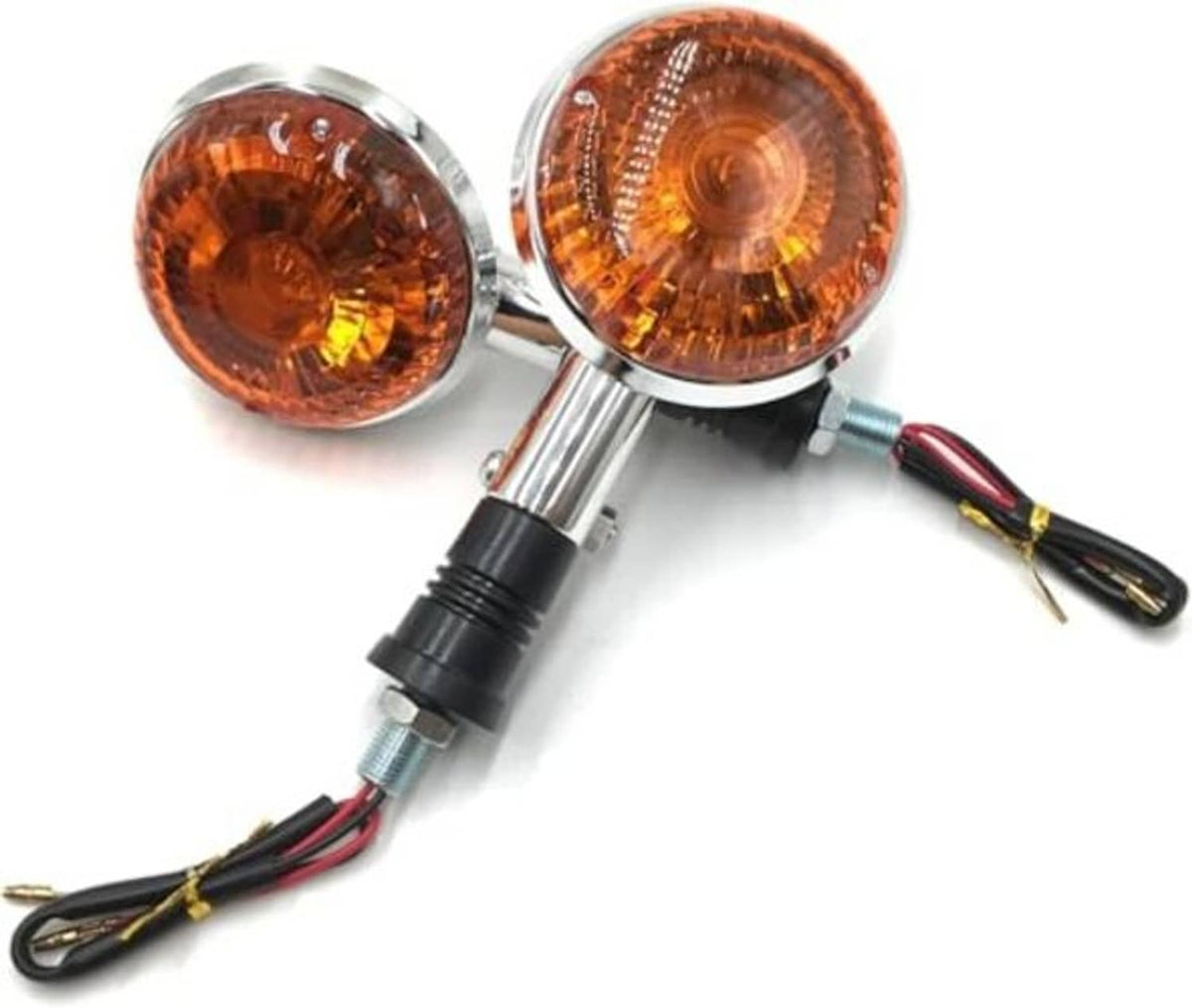 Set of two amber round motorcycle turn signal lights with chrome mounting stems