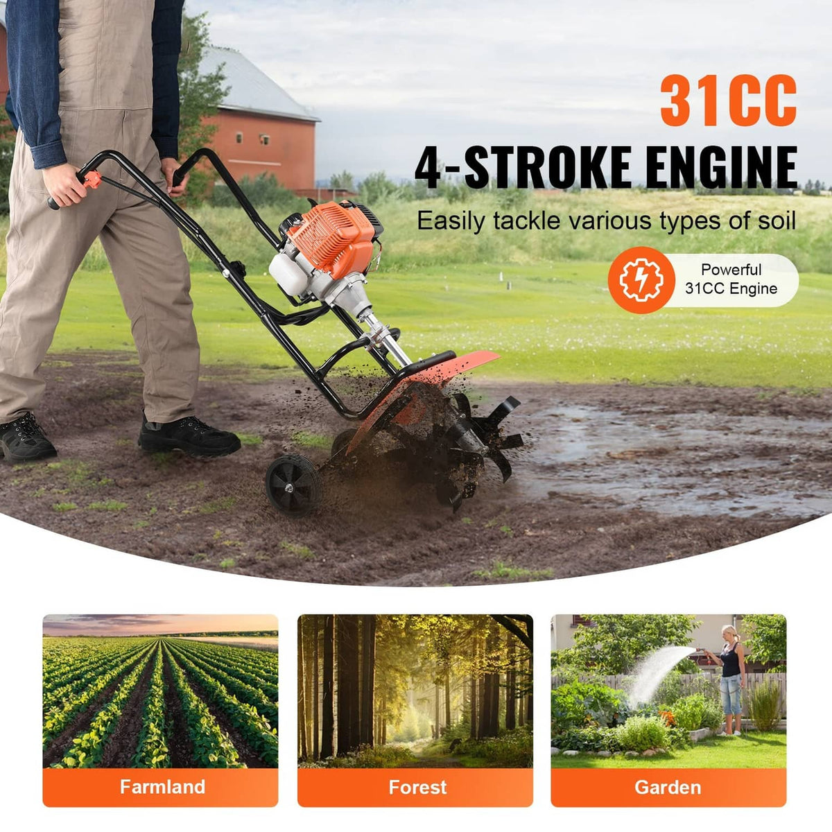 Gas powered tiller cultivator in use, with orange engine and rotating tines in soil