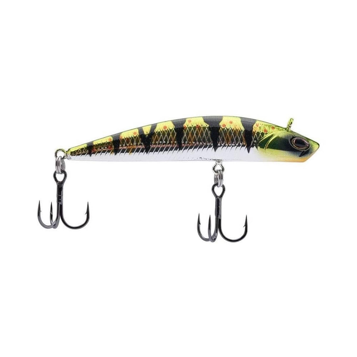 Chrome perch fishing glide bait with black stripe pattern and two treble hooks