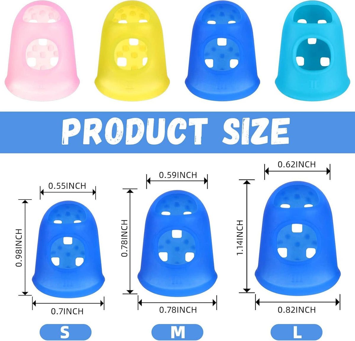 Finger guard size chart showing S, M, and L dimensions for silicone caps