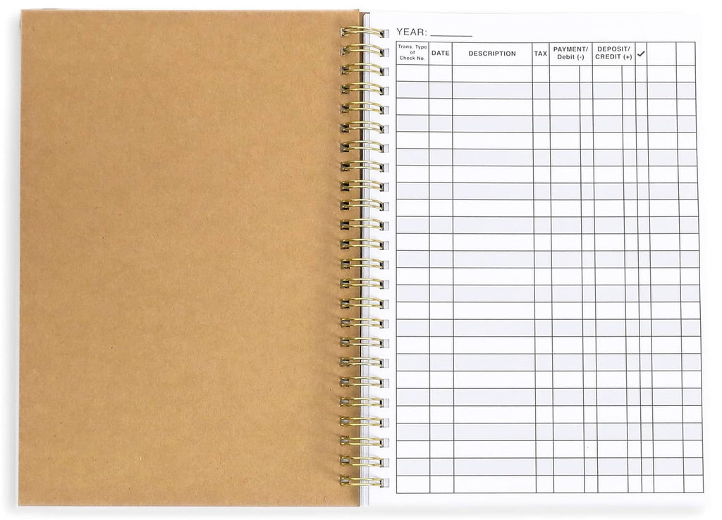 Open tan spiral-bound account tracker ledger with grid pages on the right