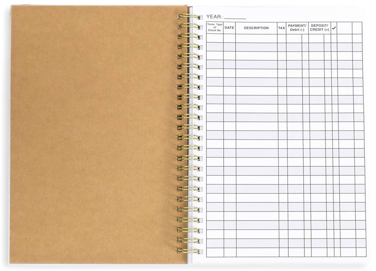 Open tan spiral-bound account tracker ledger with grid pages on the right