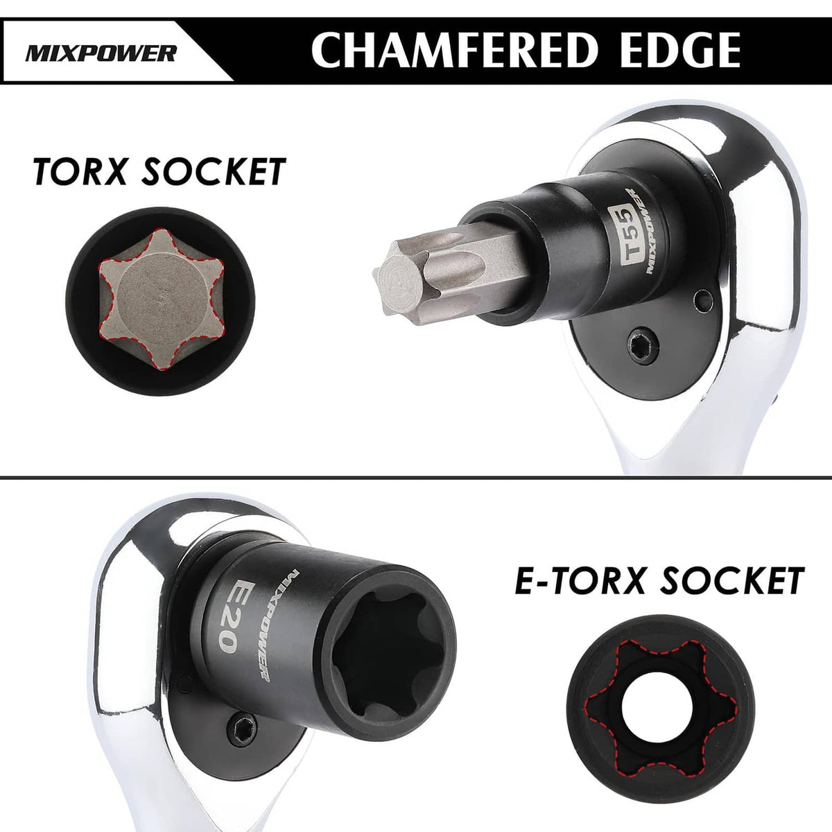 Torx and E-Torx chamfered edge socket tips with drive adapter, black finish