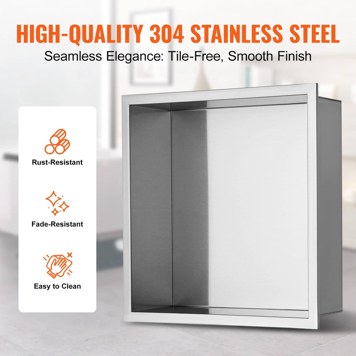 Uimoso stainless steel shower niche with smooth, tile-free design