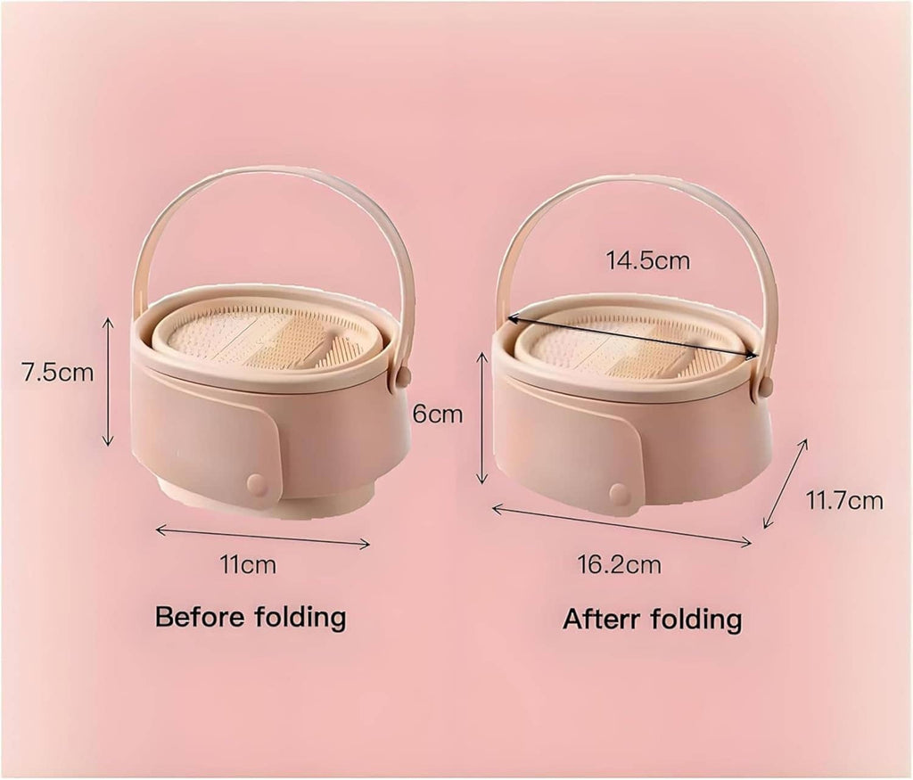 Foldable silicone brush cleaner with hanging handle, shown before and after folding, beige