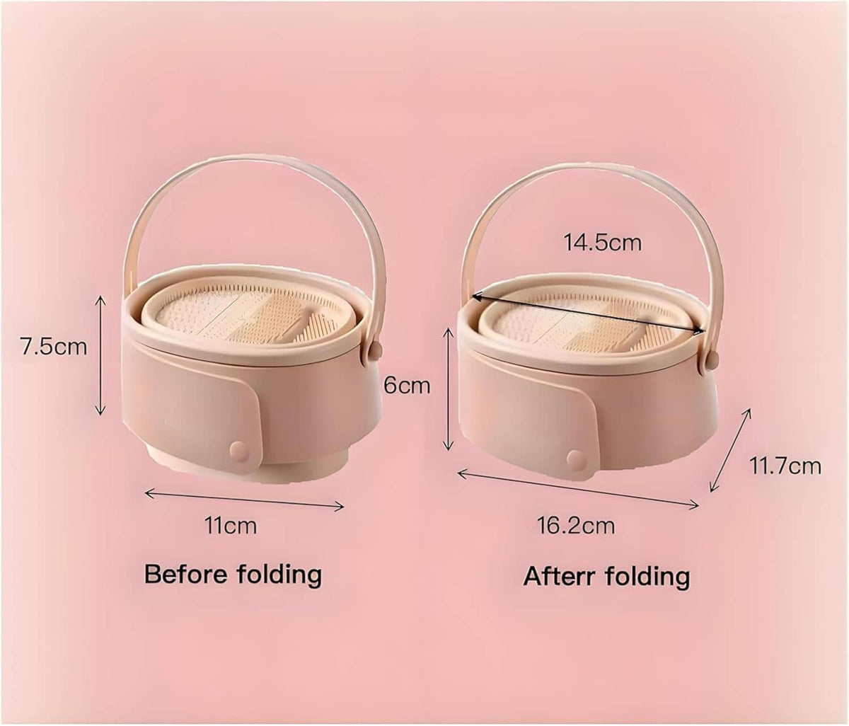 Foldable silicone brush cleaner with hanging handle, shown before and after folding, beige