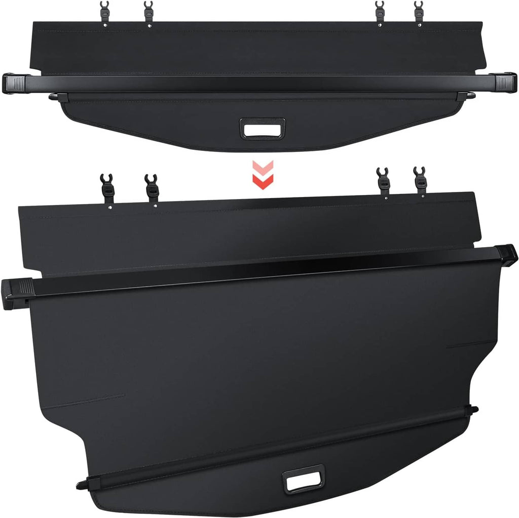 Black retractable rear trunk cargo cover with mounting hooks and latch