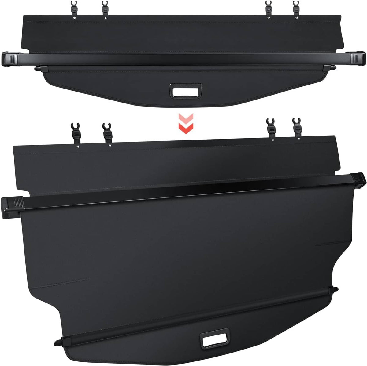 Black retractable rear trunk cargo cover with mounting hooks and latch