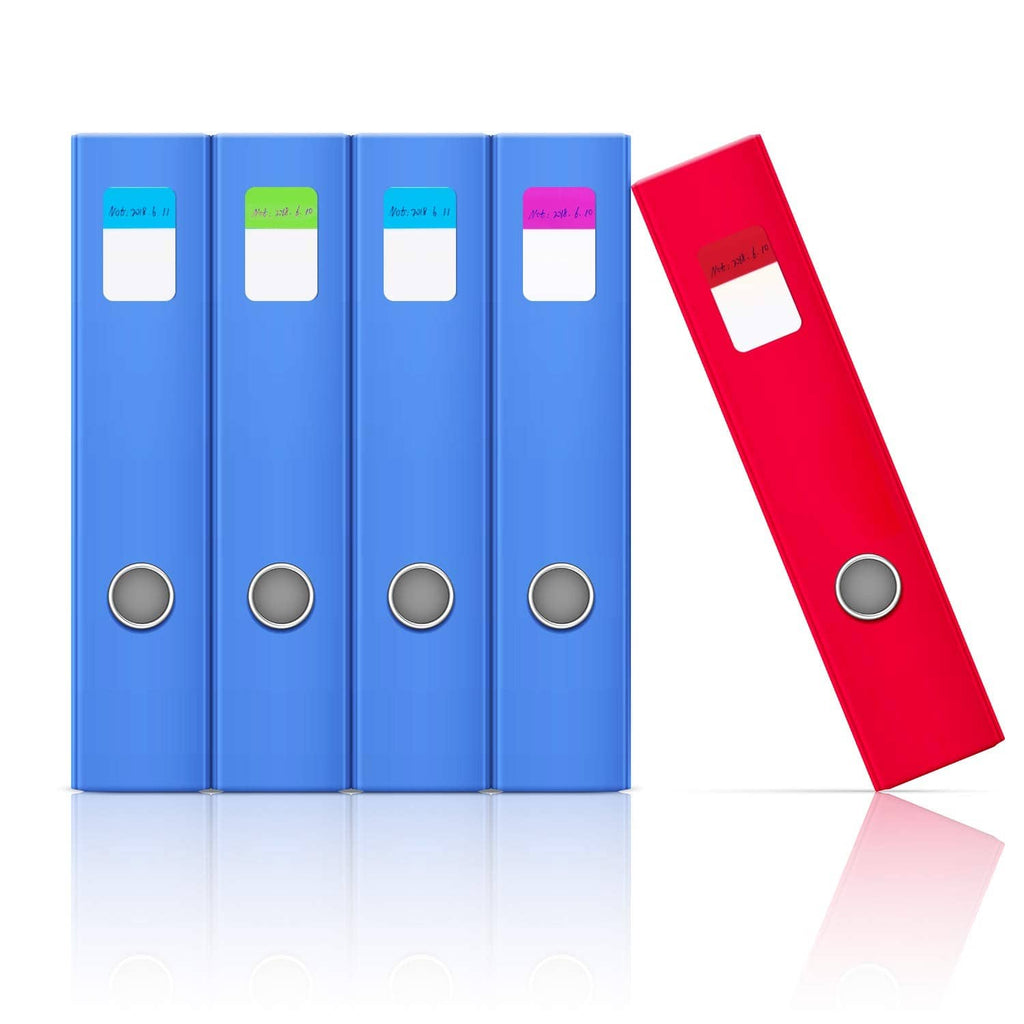 Blue ring binders with colored sticky index tabs, plus a red tab label