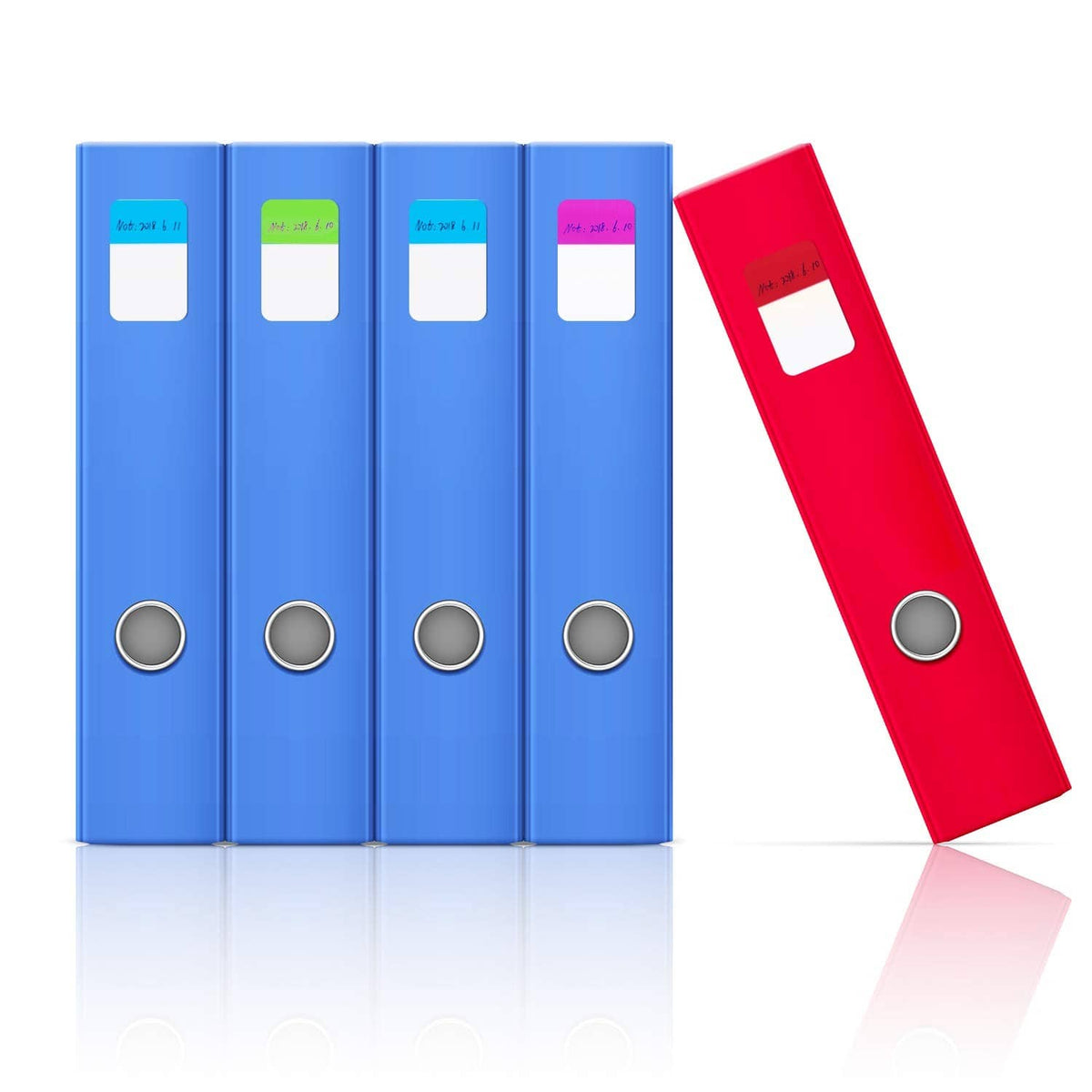 Blue ring binders with colored sticky index tabs, plus a red tab label