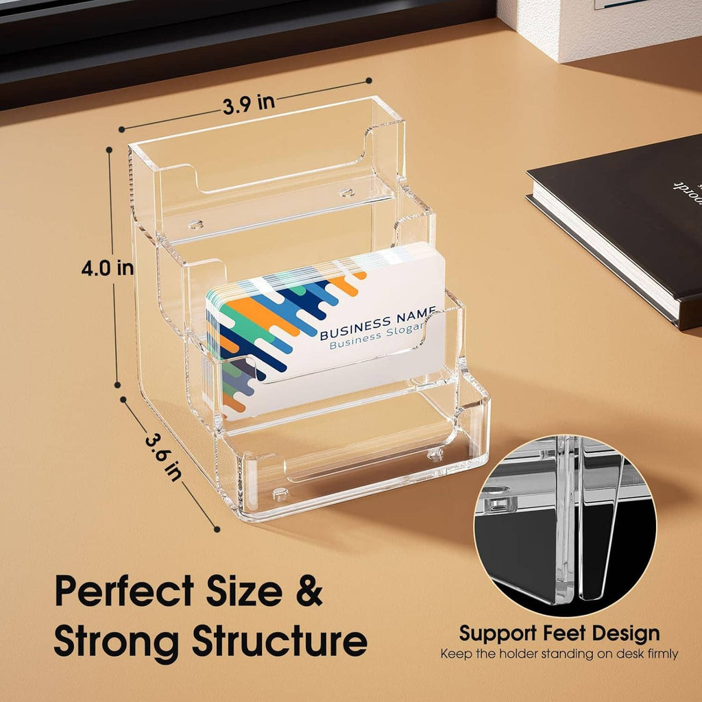 Transparent acrylic 4-tier business card holder with curved card slots and feet