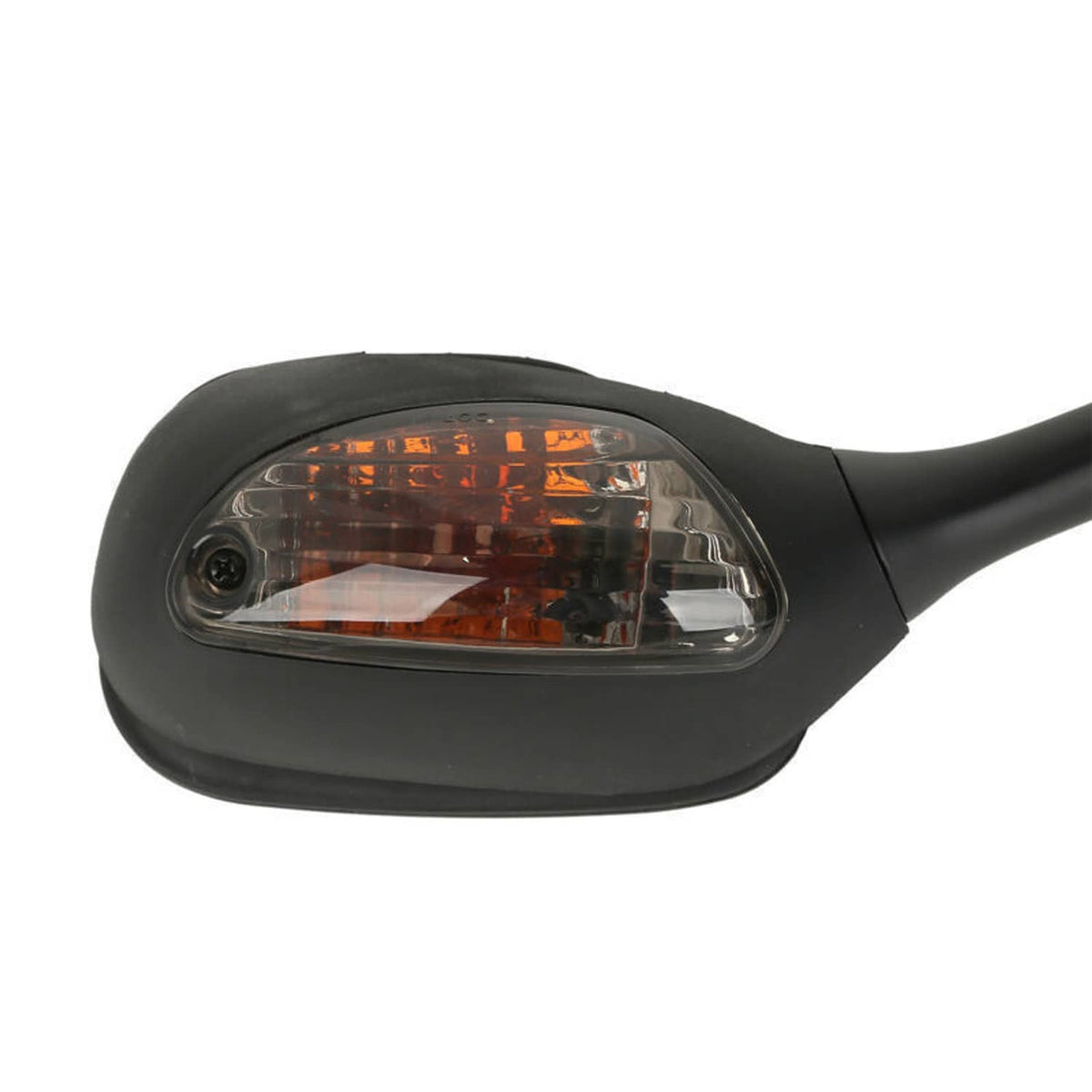 Close-up view of amber turn signal lens within a black motorcycle rearview mirror housing