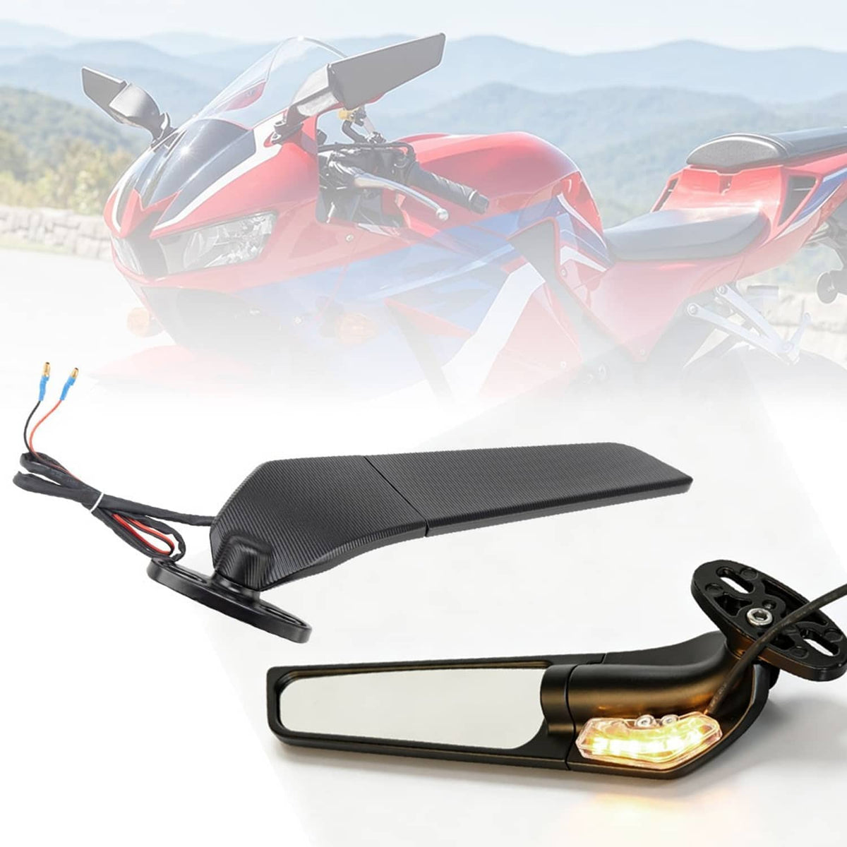 Motorcycle wing mirror pair with black finish, clear reflectors, and amber turn signal lenses.