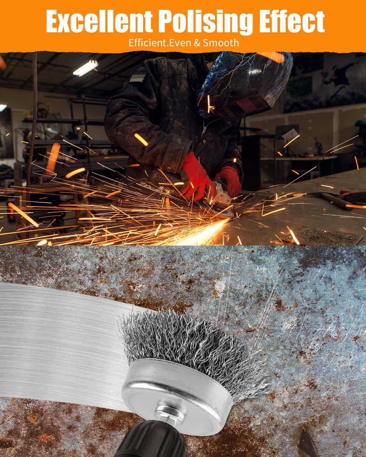 Wire brush wheel polishing metal with drill attachment, sparks and dust visible