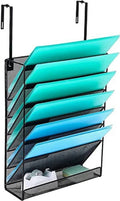 Wall-mounted mesh file organizer with teal document trays and open bottom tray